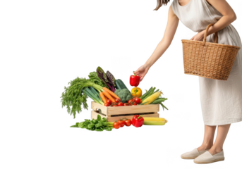 Woman picking fresh vegetables from a wooden crate isolated on transparent background