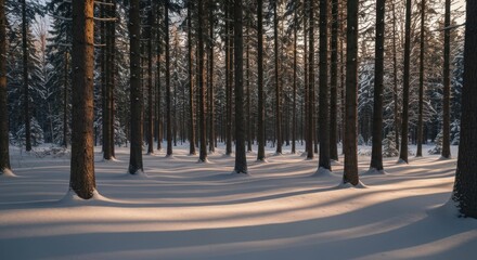 Fototapeta premium Winter forest, sunlit snow-covered trees