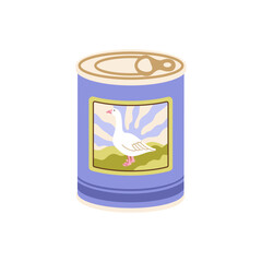 Sealed metal can for dog or cat food. Label features an elegant hand drawn illustration of a graceful white goose. Canned Premium Pet Food with Goose, Isolated Vector Illustration