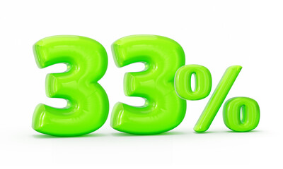 Green jelly digit 33% or Thirty three percent isolated on white background. 3d illustration
