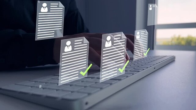 Employee approval process, digital documents with check marks verified staff records and online HR management.