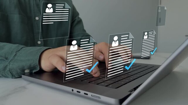 Employee approval process, digital documents with check marks verified staff records and online HR management.