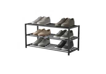 Black three tier shoe rack with various shoes displayed isolated on transparent background