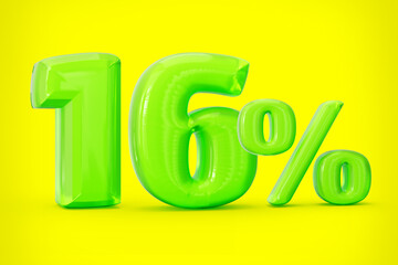 Green jelly digit 16% or Sixteen percent isolated on yellow background. 3d illustration