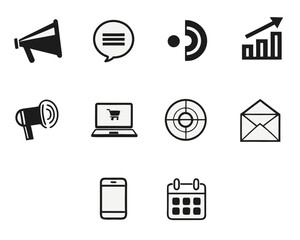 Pack of 18 minimalist silhouette icons for business and technology vector graphics vector