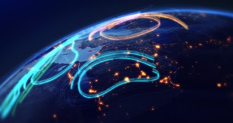 Futuristic data lines forming digital communication network around Earth. Technology related 3d animation. - Powered by Adobe