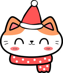Cute hand drawn cartoon cat wearing santa hat and red scarf illustration