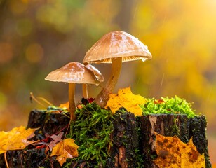 Close-up of three glistening mushrooms on a mossy stump in a forest