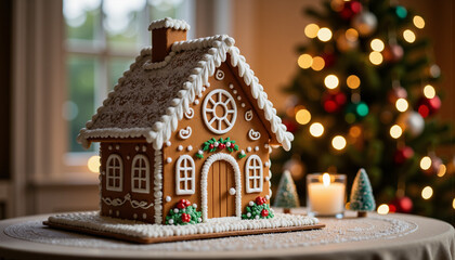 Fototapeta premium Gingerbread house decorated beside glowing Christmas tree lights, modern style 