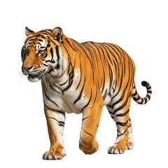 Majestic adult tiger walking gracefully on a white background.