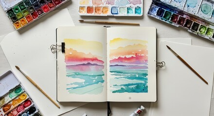 sketches vibrant watercolor landscapes in open sketchbook with paints and brushes.