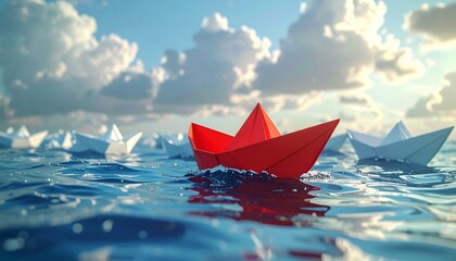 A vibrant red paper boat stands out in a sea of white boats under a cloudy sky. The boats float on blue water