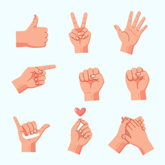 Hands gesturing various actions and symbols