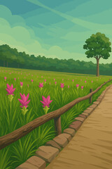 A serene landscape illustration of a flower field filled with vibrant pink blossoms under a clear blue sky. A dirt pathway lined with stones and a wooden fence runs alongside the field, leading toward