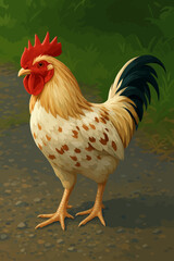 A beautifully illustrated rooster standing on a dirt path with lush green grass in the background. The rooster has creamy white feathers with brown spots, a bright red comb and wattle, and dark tail f