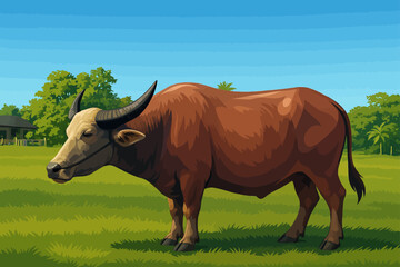 A detailed digital illustration of a brown water buffalo standing on a grassy field under a clear blue sky. The buffalo has strong, curved black horns and a light-colored face, with sunlight highlight