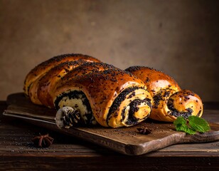 Close-up of fresh poppy seed pastries on a wooden board, mint leaves