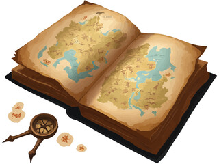 Dark Academia Art with Antique Open Journal and Fantasy City Map | Moody Oil Painting of Vintage Journal with Compass and Wax Seal | Atmospheric Still Life of Hand Drawn Map and Brass Compass 