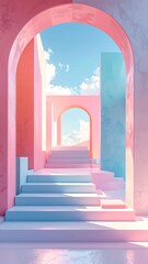 Pastel-colored arches and stairs lead towards a bright sky. Soft light bathes the structure