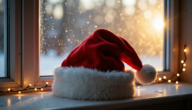Santa Claus hat on frosted windowsill with lights in modern style   - Powered by Adobe