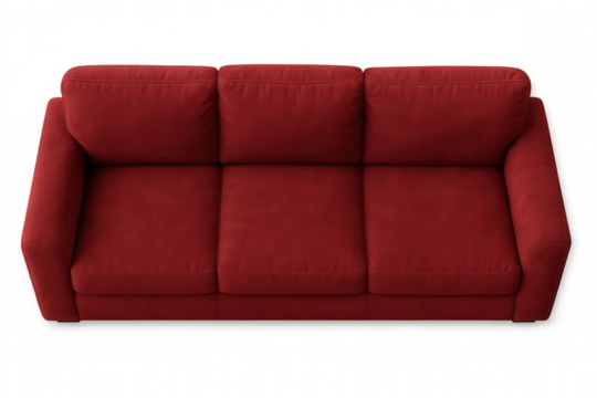 Top view of a red three-seater sofa, a comfortable couch for modern living room interiors, isolated on transparent background