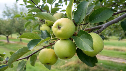 Green Apple hanging tree in garden, Green Apples tree in natural warm sunlight background