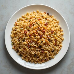 Healthy food fried rice plate, top view.
