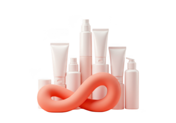 Collection of modern cosmetic bottles and tubes arranged artistically isolated on transparent background