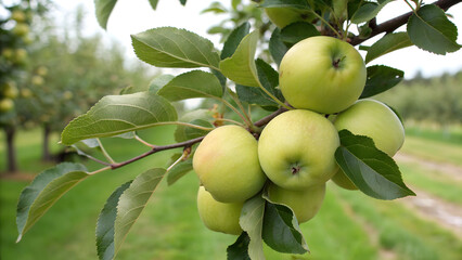Green Apple tree in garden, Green Apple hanging tree in natural warm sunlight background