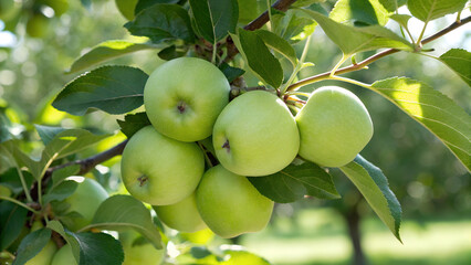 Green Apple hanging on tree branch in garden, Green Apple on tree in natural warm sunlight background
