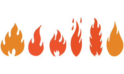 Set of minimalist fire vector icons featuring red and orange flame shapes in various styles. Perfect for graphic design, logos, digital art, and print projects.