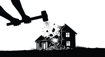 Silhouettes of hands swing a sledgehammer to demolish a house into pieces with debris flying everywhere.