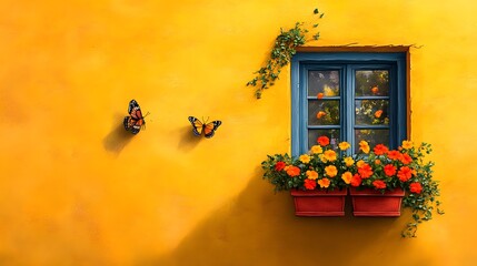 Butterflies flutter near a bright window adorned with colorful flowers.