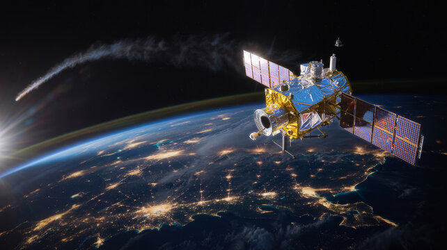 Satellite orbits earth above city lights, with a comet streaking by satellite