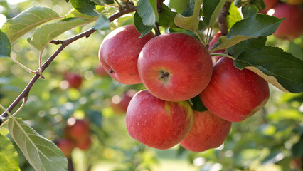Red Apple hanging tree in garden, Red Apples on tree branch in natural warm sunlight background