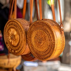 Close-up of two round, woven bags with leather straps