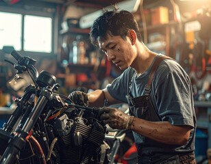 Asian mechanic working on a motorcycle in a workshop, repairing a motorbike