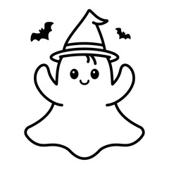 Kawaii Ghost in Witch Hat with Bats – Cute Halloween Outline Vector for Babies and Kids