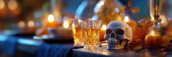 Spooky Halloween table decoration with skull, drink, and pumpkin candles amidst warm autumn lights