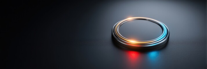 Abstract metallic ring with glowing orange and blue light on dark textured background
