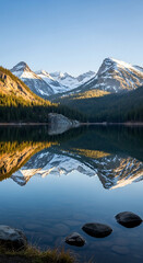 Serene Mountain Lake Reflects Golden Hour Peaks and Forest Landscape