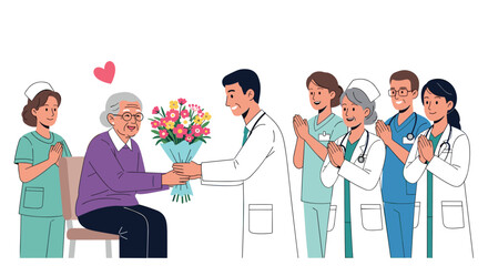 Healthcare professionals celebrating a patient's recovery with flowers.