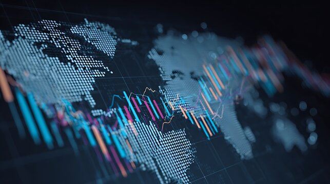 Digital world map with financial stock market data overlay.