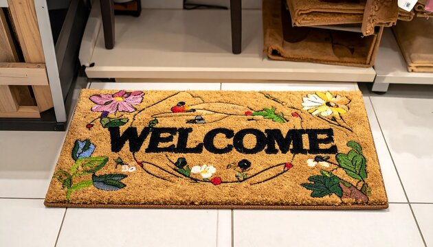 Rectangular coir doormat with "WELCOME" in large black text is displayed on a white tiled floor. It has floral and botanical embellishments. Surrounding shelves are visible