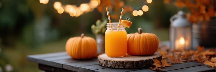 Festive fall outdoor setting with pumpkin beverage and decor