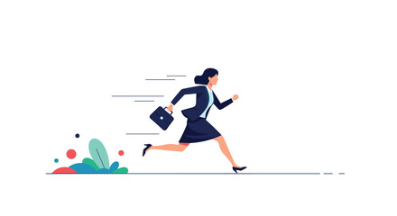 A busy businesswoman is running fast while carrying a briefcase to an important meeting.