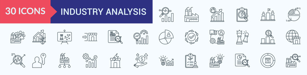 Industry Analysis  icon collection set with analysis, industry, trend, cost analysis, competitor, market share