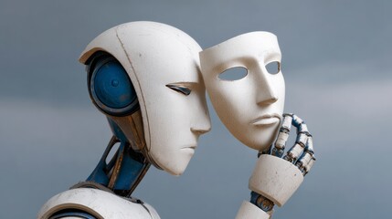 A robot is holding a white mask in its hand. The robot and the mask are both white, and the robot is wearing blue. The robot and the mask seem to be in a sad or melancholic mood