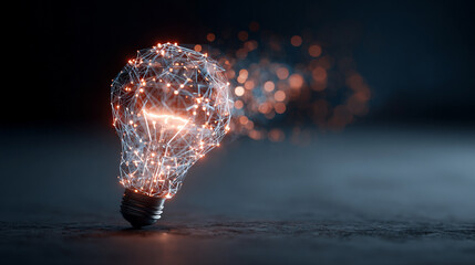 Hyperrealistic visualization of creative ideas forming through a glowing digital network, symbolizing global connection, innovation, and the fusion of technology with human imagination and insight.