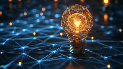 Hyperrealistic visualization of creative ideas forming through a glowing digital network, symbolizing global connection, innovation, and the fusion of technology with human imagination and insight.